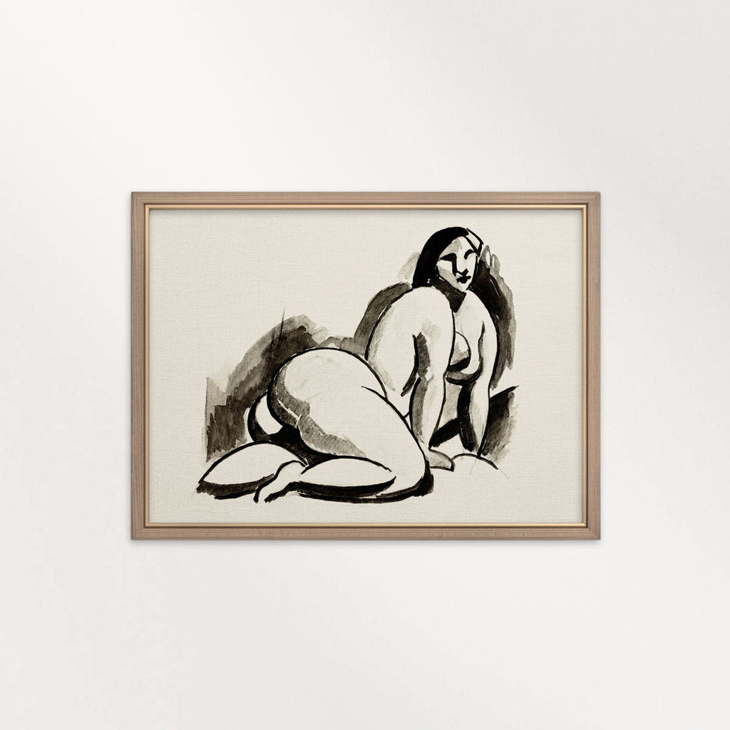 Modern Woman Ink Drawing Wall Art Printable – Minimal Black and Beige Line Portrait Print