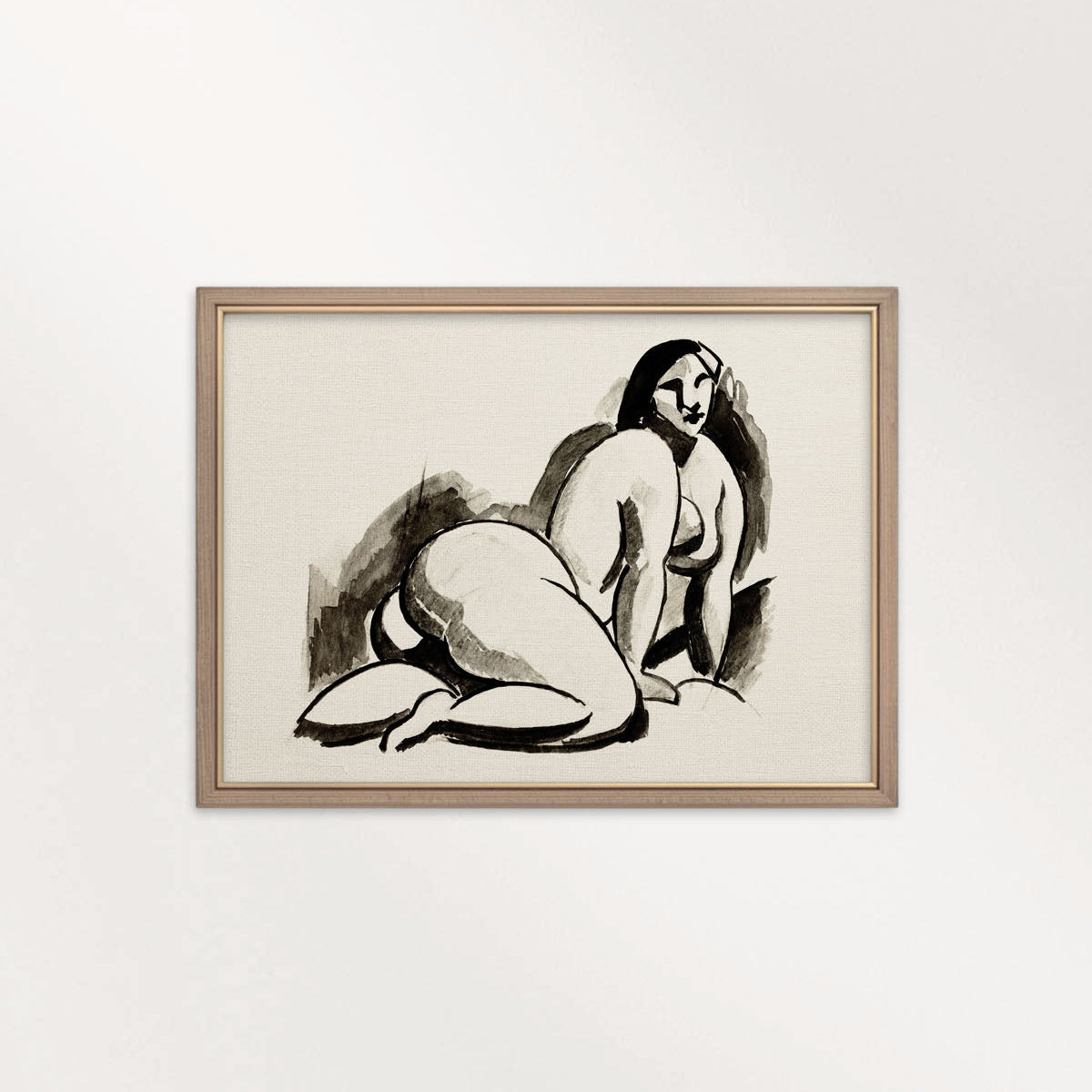 Modern Woman Ink Drawing Wall Art Printable – Minimal Black and Beige Line Portrait Print