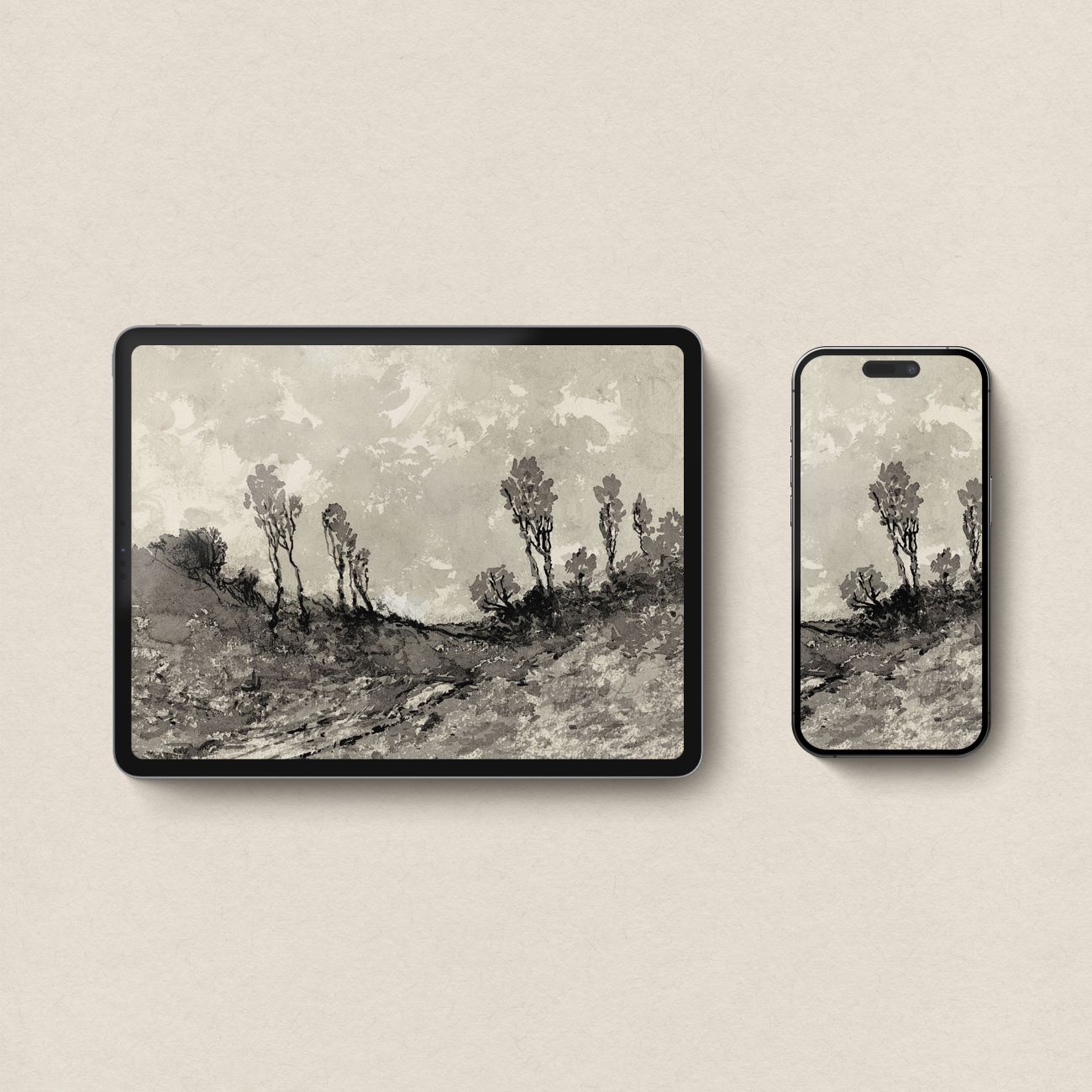 Moody Monochrome Landscape Wallpaper Bundle – Neutral Fall Aesthetic for iPhone iPad Desktop