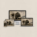 Black tree desktop wallpaper featuring a moody watercolor landscape with matching phone, iPad and MacBook wallpapers