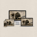 Black tree desktop wallpaper featuring a moody watercolor landscape with matching phone, iPad and MacBook wallpapers