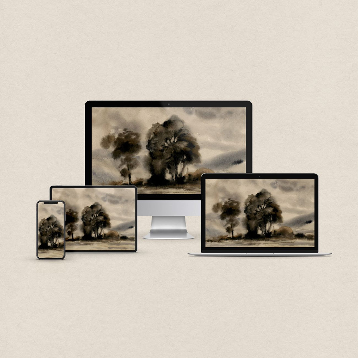 Black tree desktop wallpaper featuring a moody watercolor landscape with matching phone, iPad and MacBook wallpapers