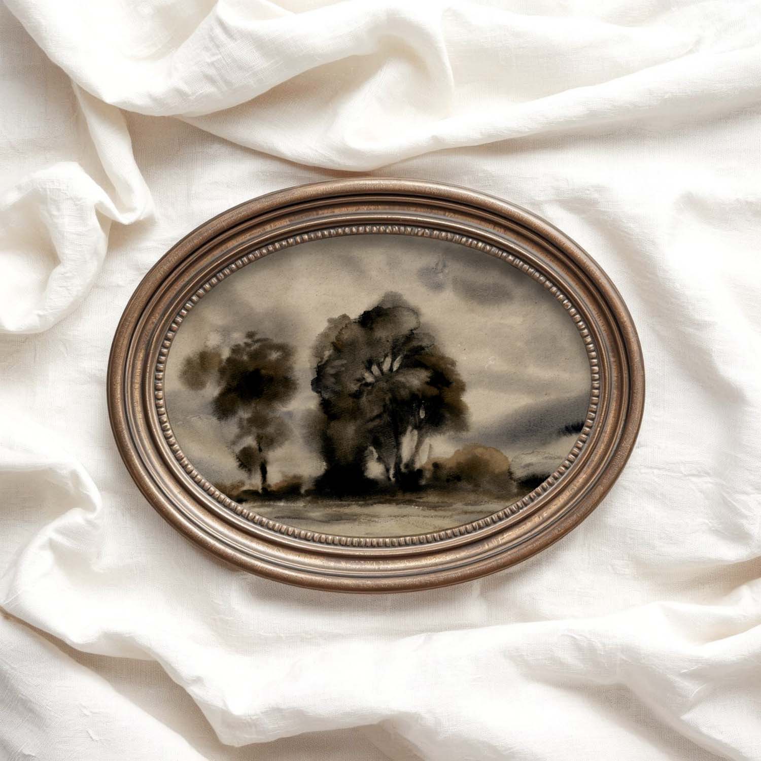 Moody Black Watercolor Tree Printable Wall Art | Vintage Monochrome Landscape