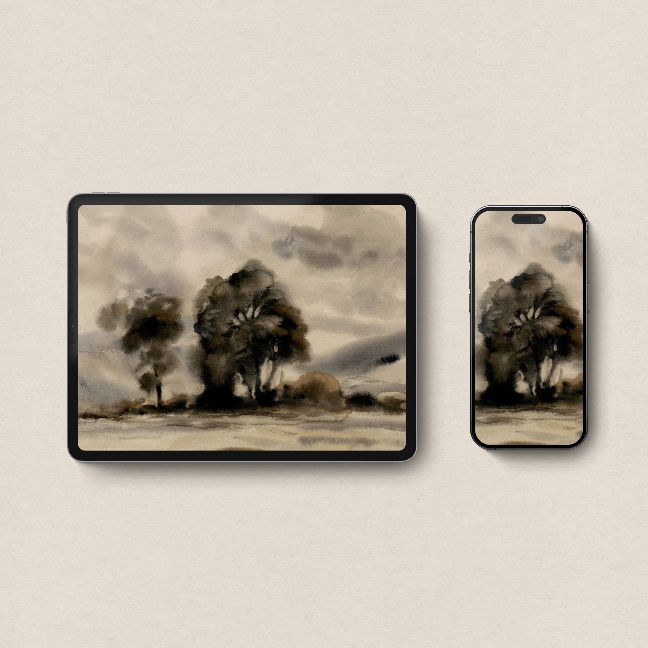 Moody Black Watercolor Tree Wallpaper Bundle | iPhone, iPad & Desktop Wallpapers (Digital Download)
