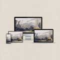 Blue abstract desktop wallpaper featuring a muted navy tonal design with matching device wallpapers