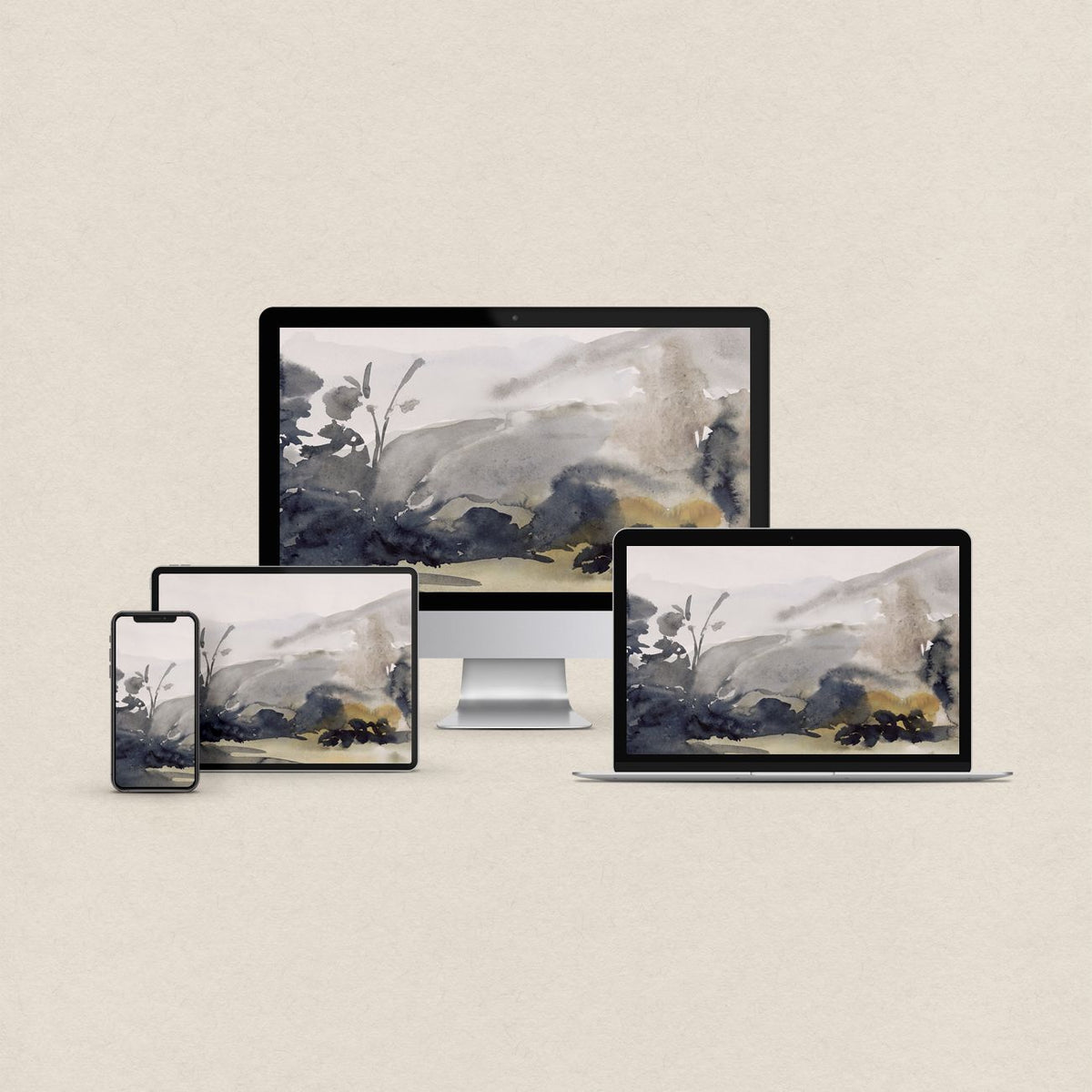 Blue abstract desktop wallpaper featuring a muted navy tonal design with matching device wallpapers