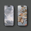 Set of 2 blue aesthetic iPhone wallpapers featuring dramatic vintage clouds and birds in soft blue grey tones