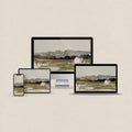 Blue green desktop wallpaper featuring a minimal abstract landscape with matching phone, iPad and MacBook wallpapers
