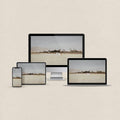 Blue and white desktop wallpaper with a minimal coastal design and matching phone, iPad and MacBook wallpapers