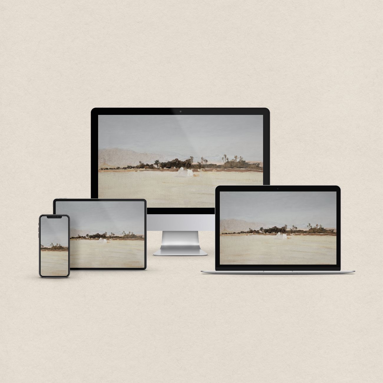 Blue and white desktop wallpaper with a minimal coastal design and matching phone, iPad and MacBook wallpapers