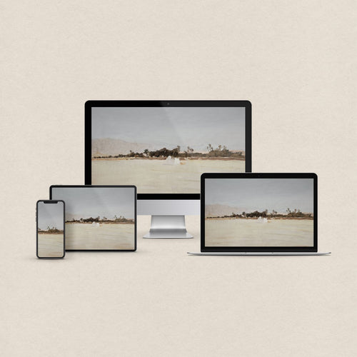 Blue and white desktop wallpaper with a minimal coastal design and matching phone, iPad and MacBook wallpapers