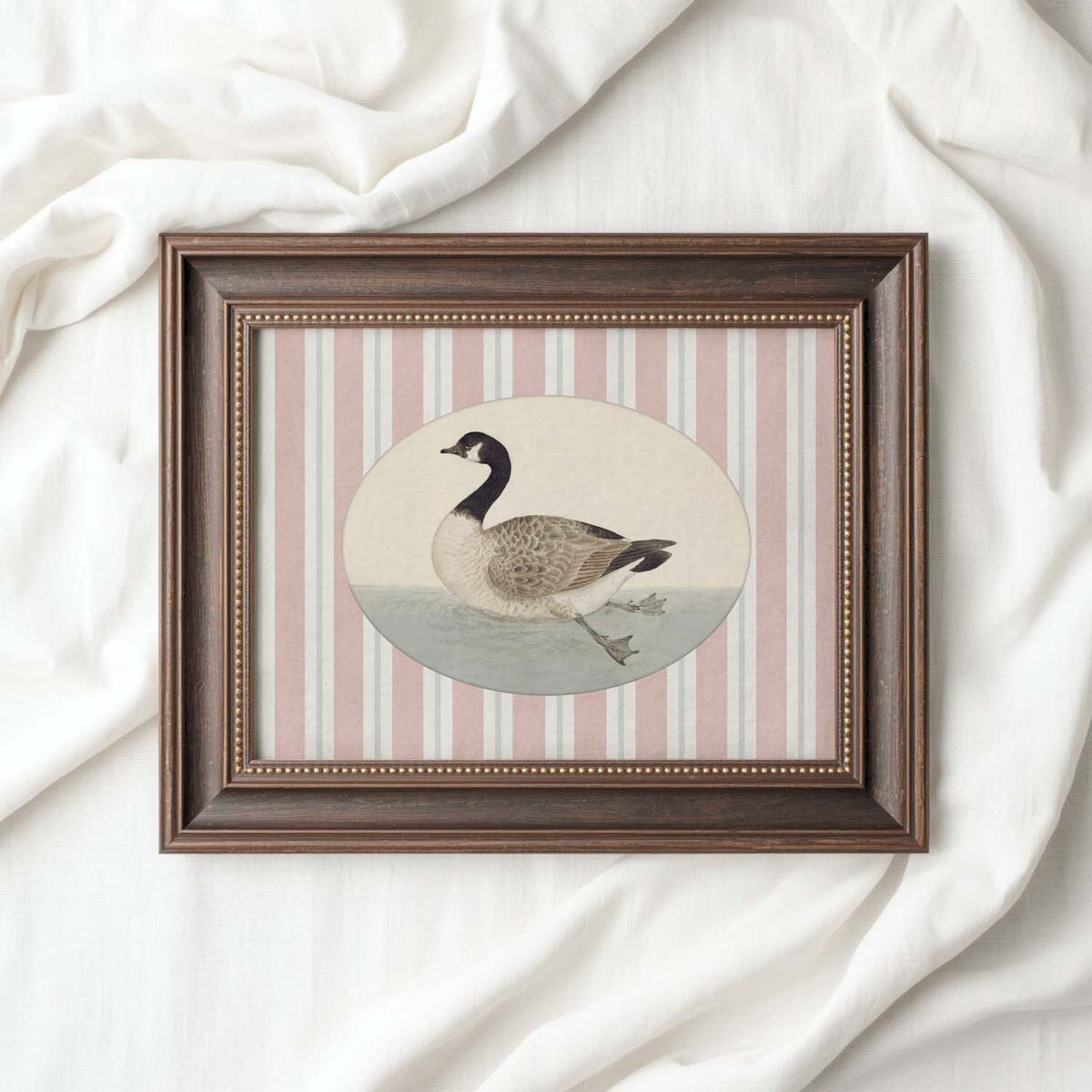 Blush pink goose nursery print with striped storybook design for nursery wall art