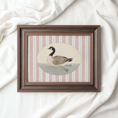 Blush pink goose nursery print with striped storybook design for nursery wall art