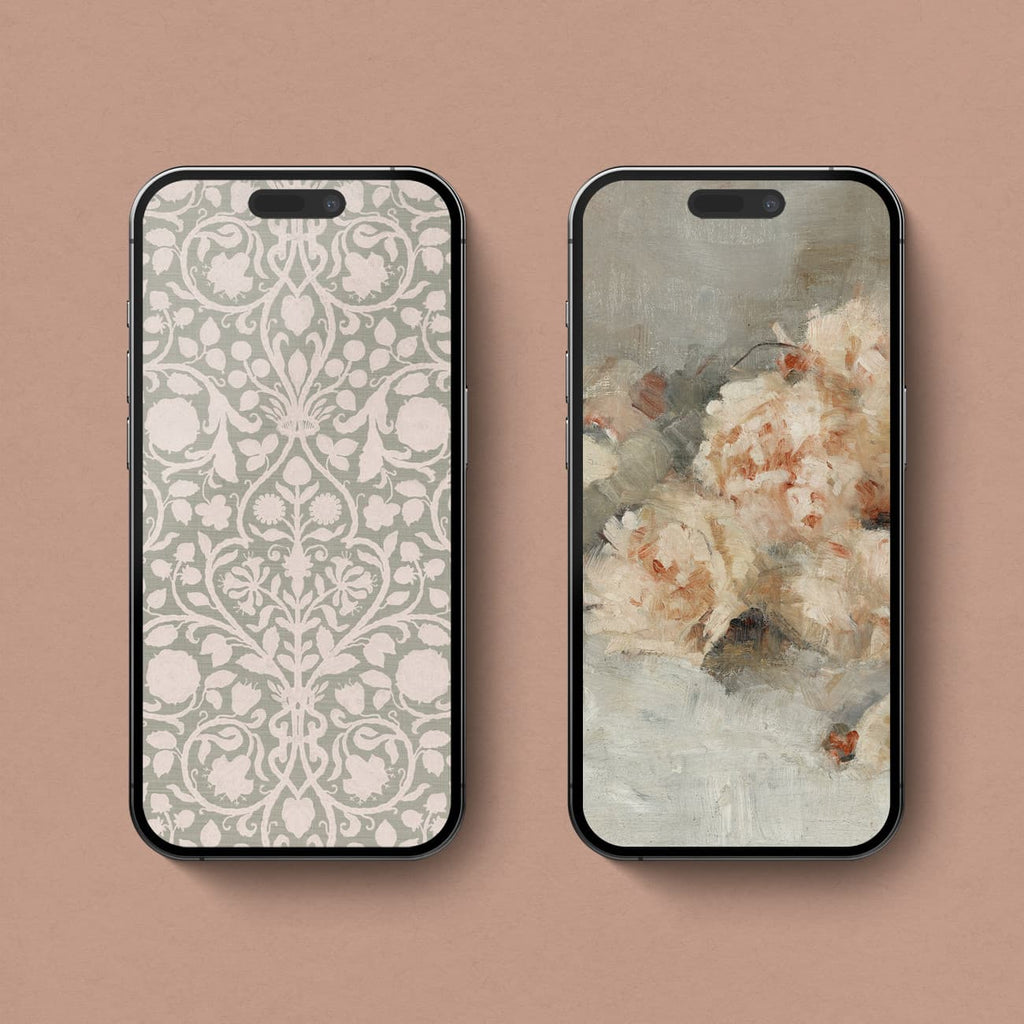 Botanical aesthetic iPhone wallpaper featuring delicate vintage flowers and branches in soft muted tones