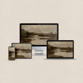Brown desktop wallpaper featuring a moody minimal landscape in muted neutral tones with matching device wallpapers