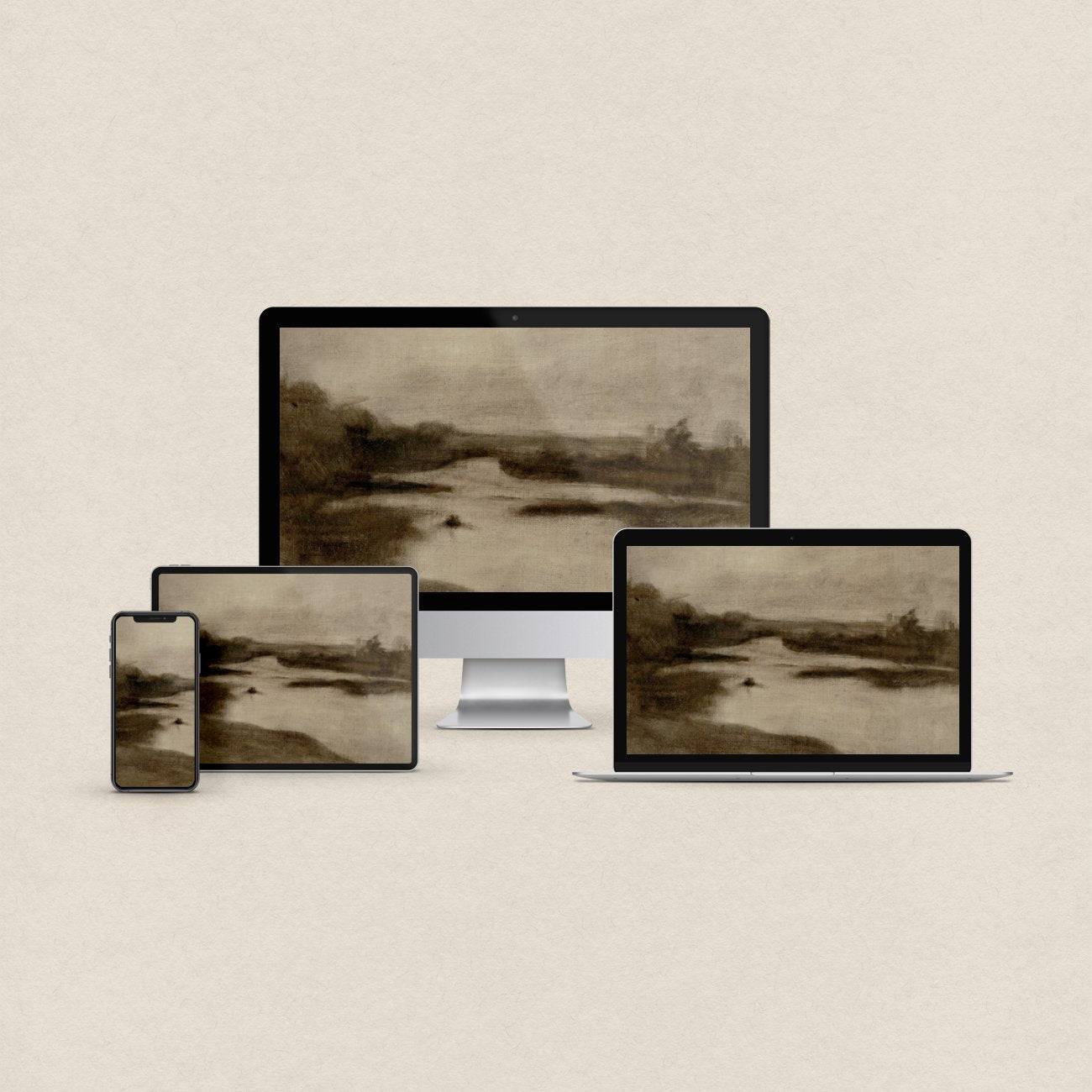 Brown desktop wallpaper featuring a moody minimal landscape in muted neutral tones with matching device wallpapers