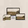 Brown desktop wallpaper featuring a textured rustic countryside landscape with matching phone, iPad and MacBook wallpapers