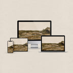Brown desktop wallpaper featuring a textured rustic countryside landscape with matching phone, iPad and MacBook wallpapers