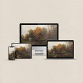 Cabin desktop wallpaper featuring a cozy riverside cabin surrounded by forest scenery with matching device wallpapers
