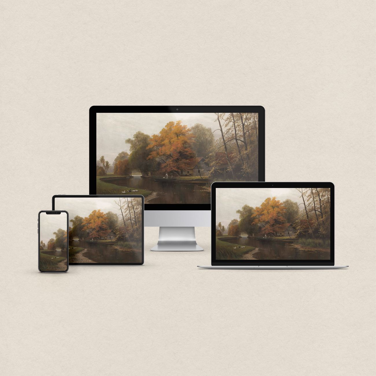 Cabin desktop wallpaper featuring a cozy riverside cabin surrounded by forest scenery with matching device wallpapers