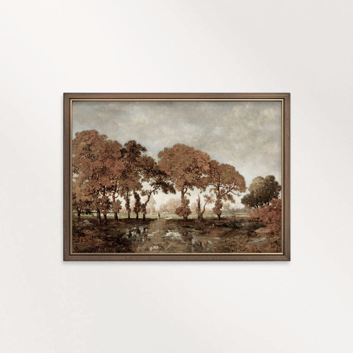 Calm and cozy living room art: moody autumn forest trees printable wall art.