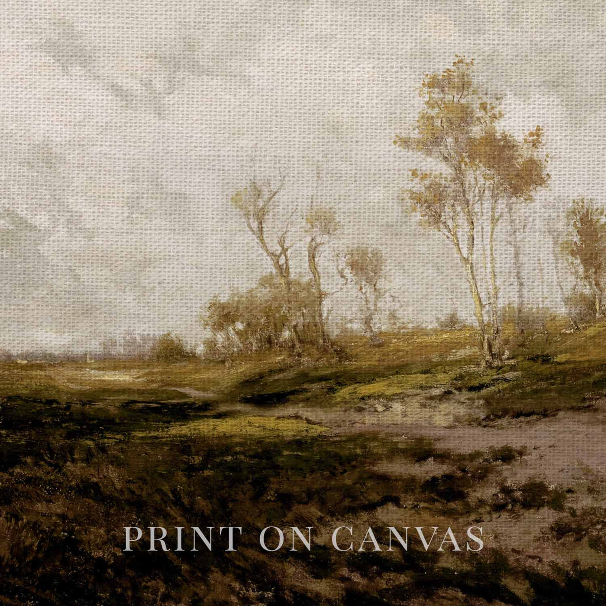 Close-up of calm warm neutral landscape artwork printed on textured canvas