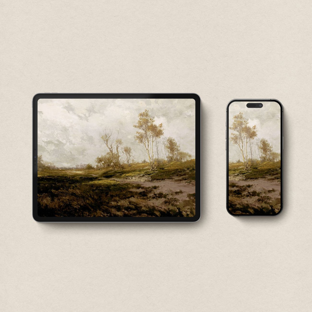 Matching calm country landscape wallpapers displayed across iPad and iPhone screens