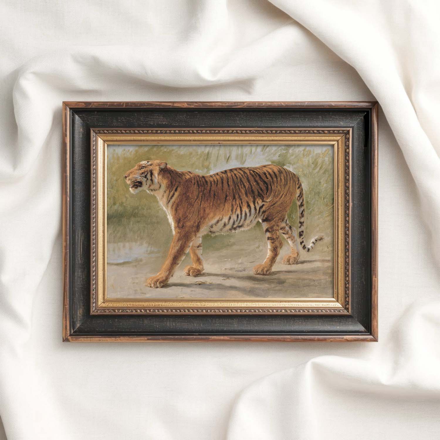 Boho Safari Tiger Wall Art Print (Neutral Grasslands Wildlife Landscape Decor)