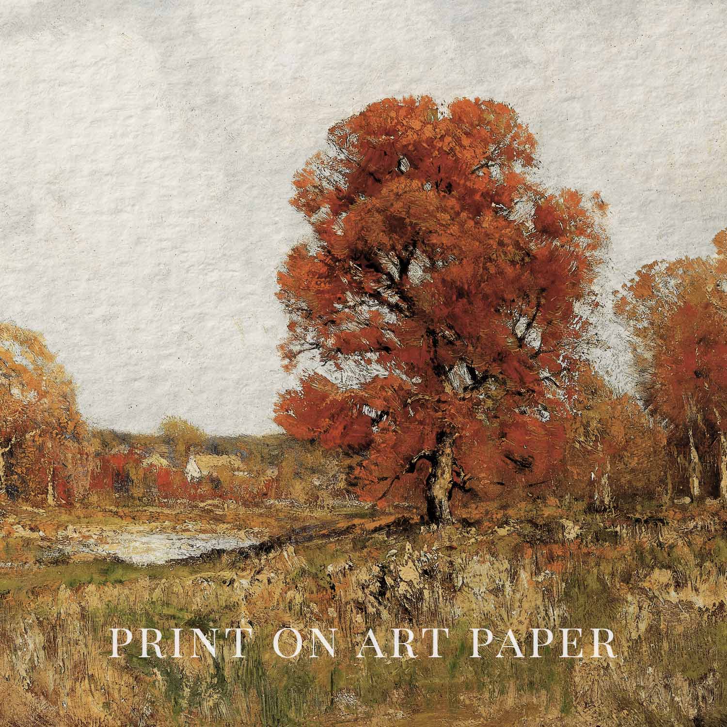 Classic autumn tree landscape rustic printable art with warm muted tones and vintage countryside aesthetic.