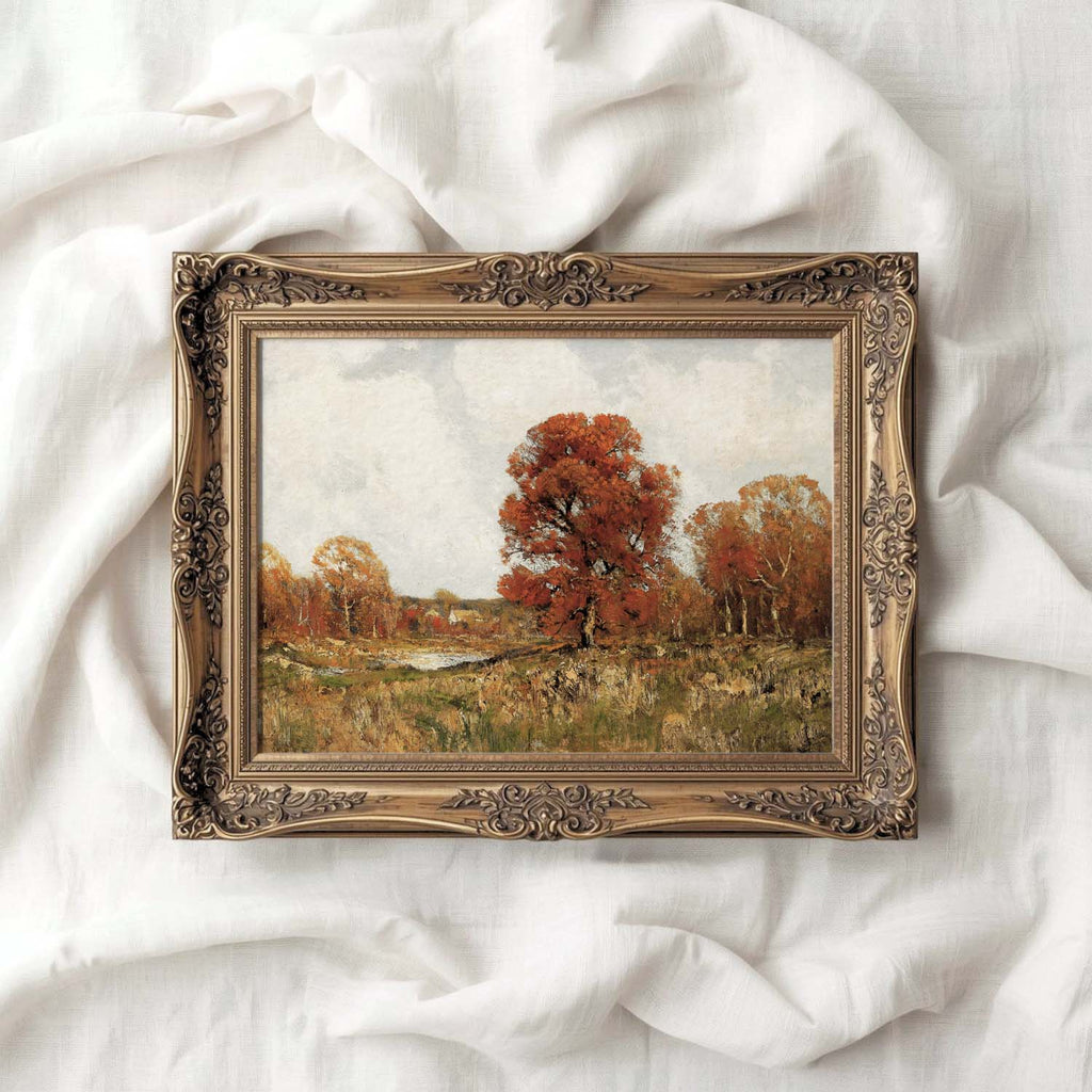 Classical fall wall decor with an autumn tree landscape vintage printable wall art design.