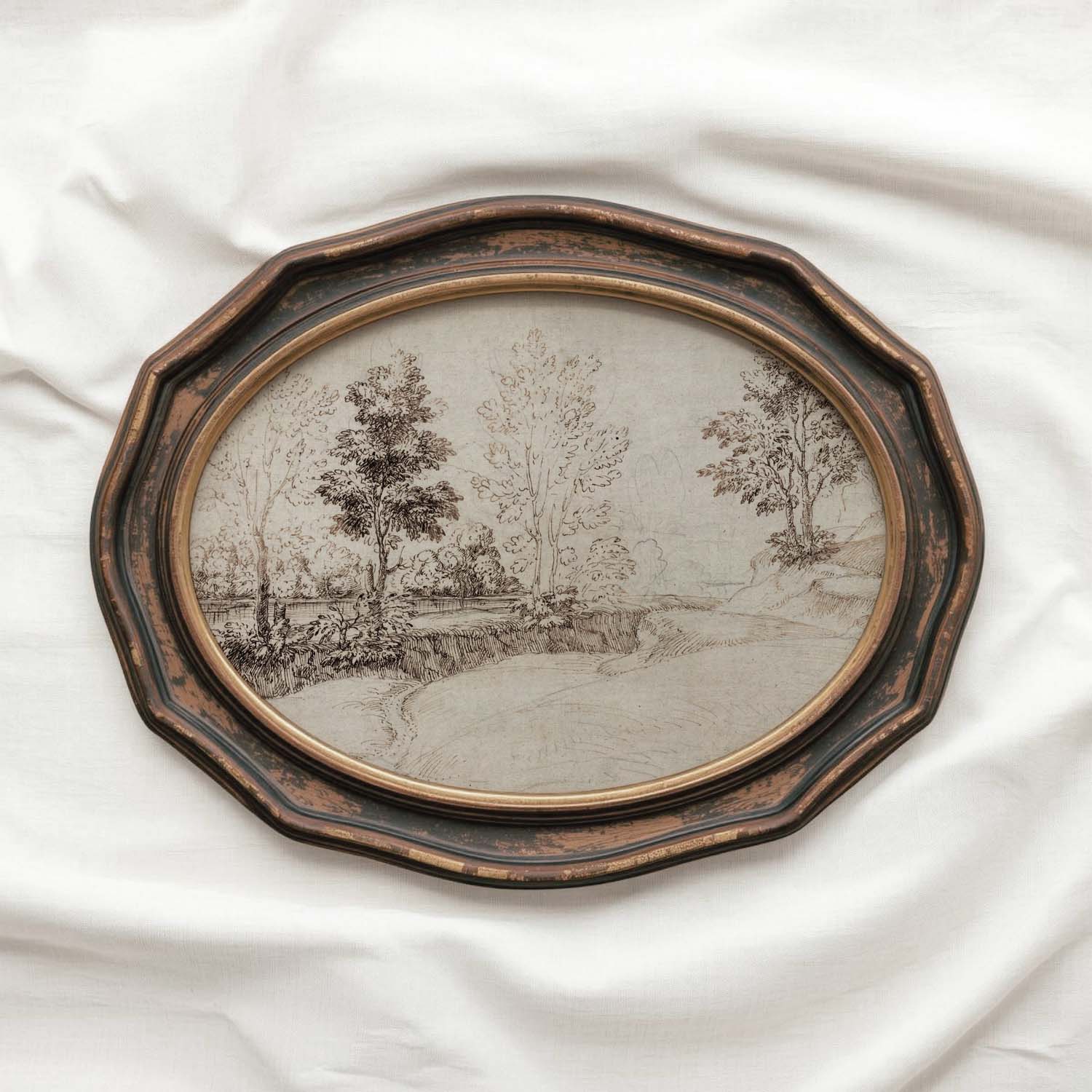 Antique Riverside Tree Etching Wall Art Printable – Vintage Landscape Sketch Print