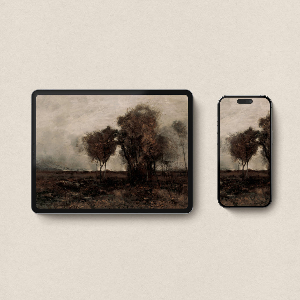 Cohesive dark landscape device wallpaper bundle for iPhone and iPad featuring minimalist countryside aesthetic.