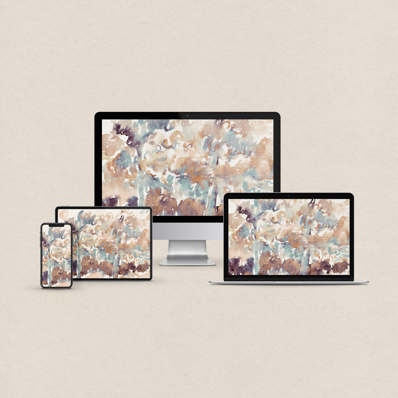Colorful abstract desktop wallpaper featuring a muted multicolor watercolor design with matching device wallpapers