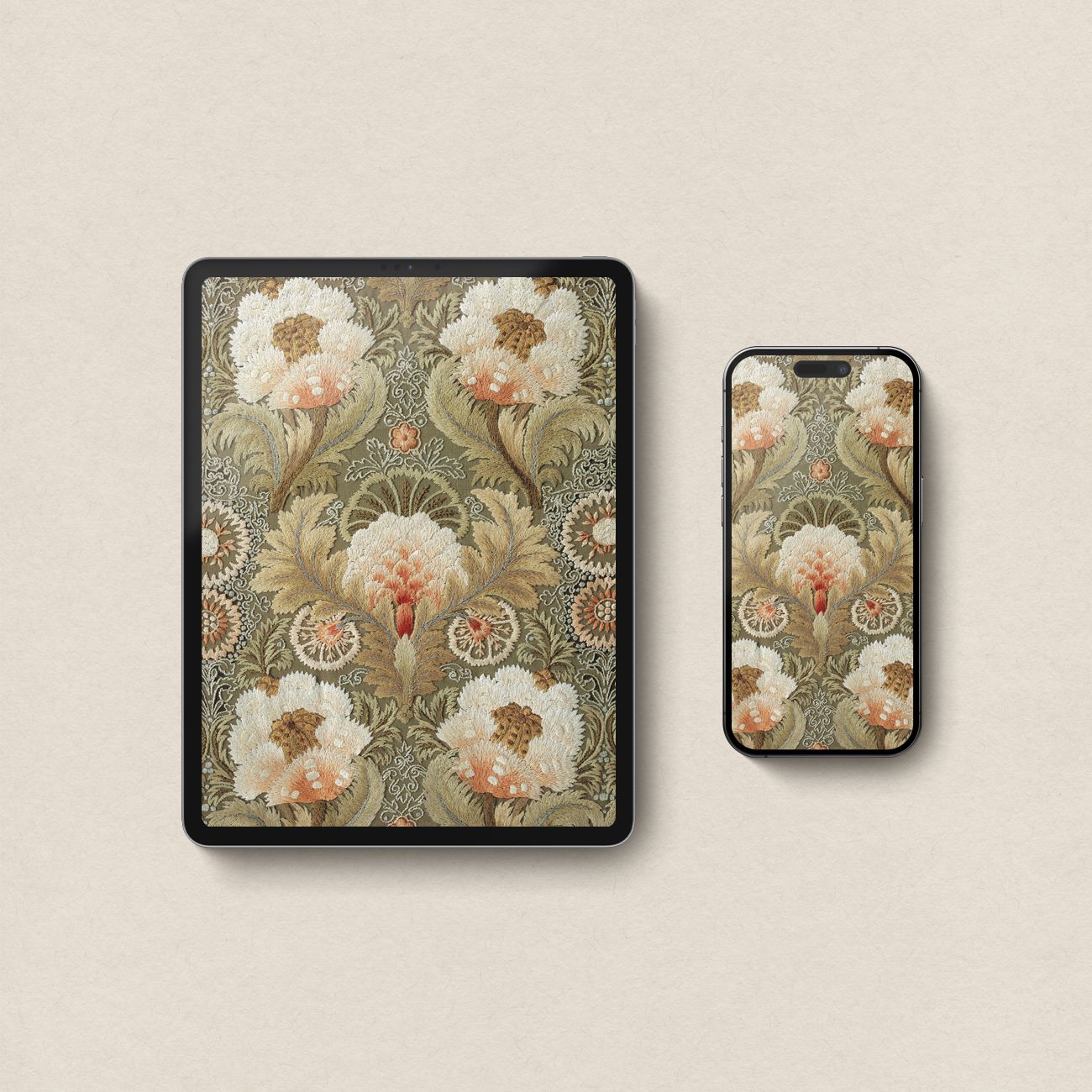 Vintage Botanical Floral Wallpaper Bundle – Green Cottagecore 4-Device Set (iPhone, iPad, MacBook & Desktop)