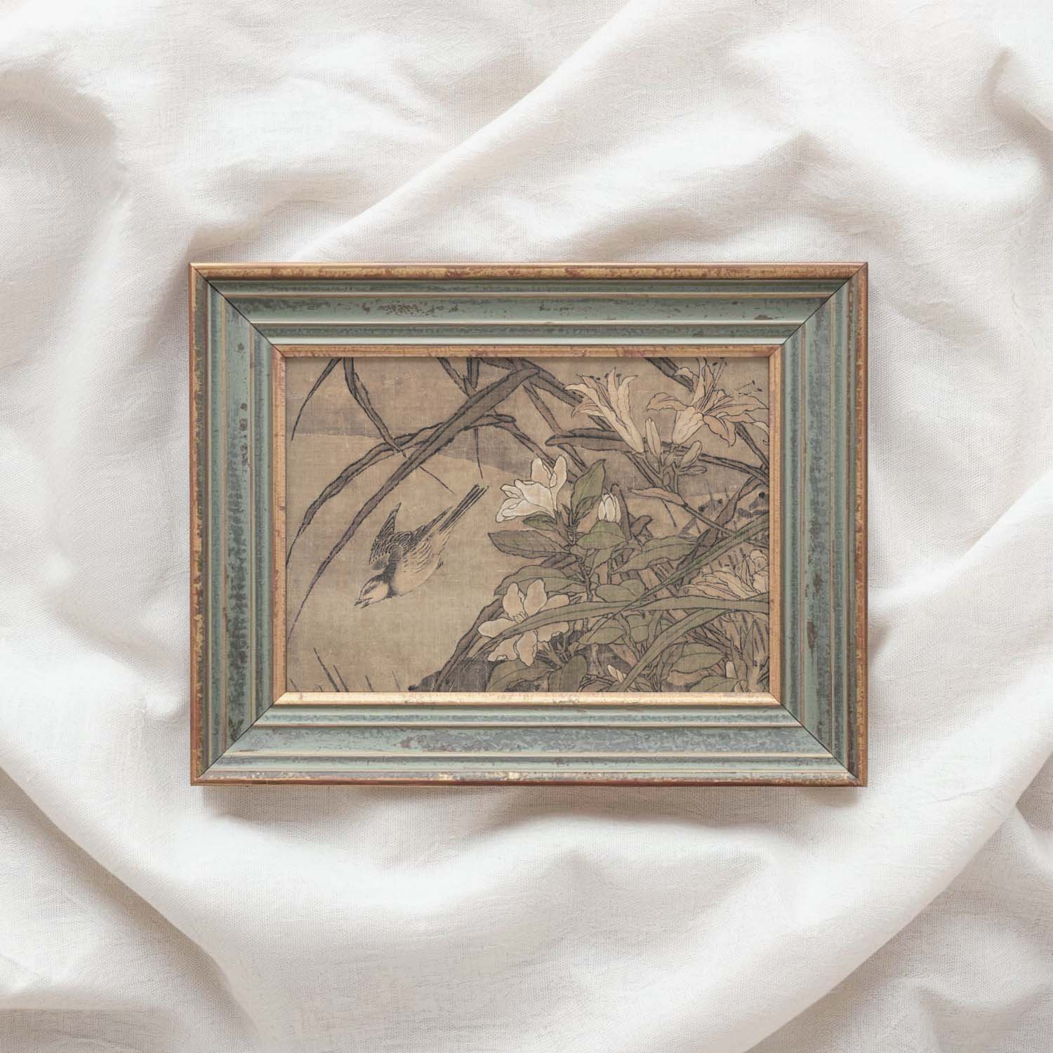 Antique Bird and Tiger Lily Botanical Wall Art Printable – Vintage Japanese Floral Illustration Print