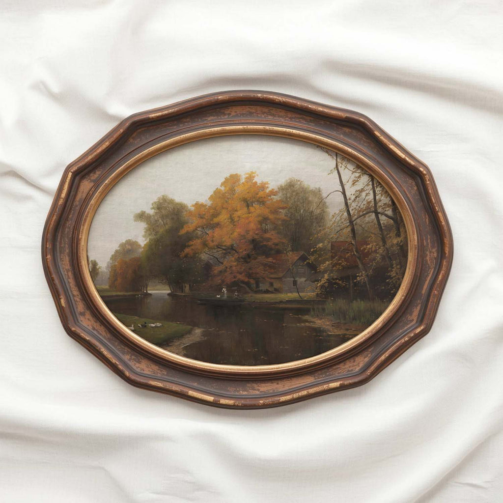 Cottagecore cabin decor printable fall wall art showing an oak tree forest and cabin scene.