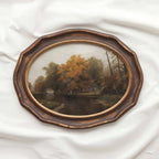 Cottagecore cabin decor printable fall wall art showing an oak tree forest and cabin scene.