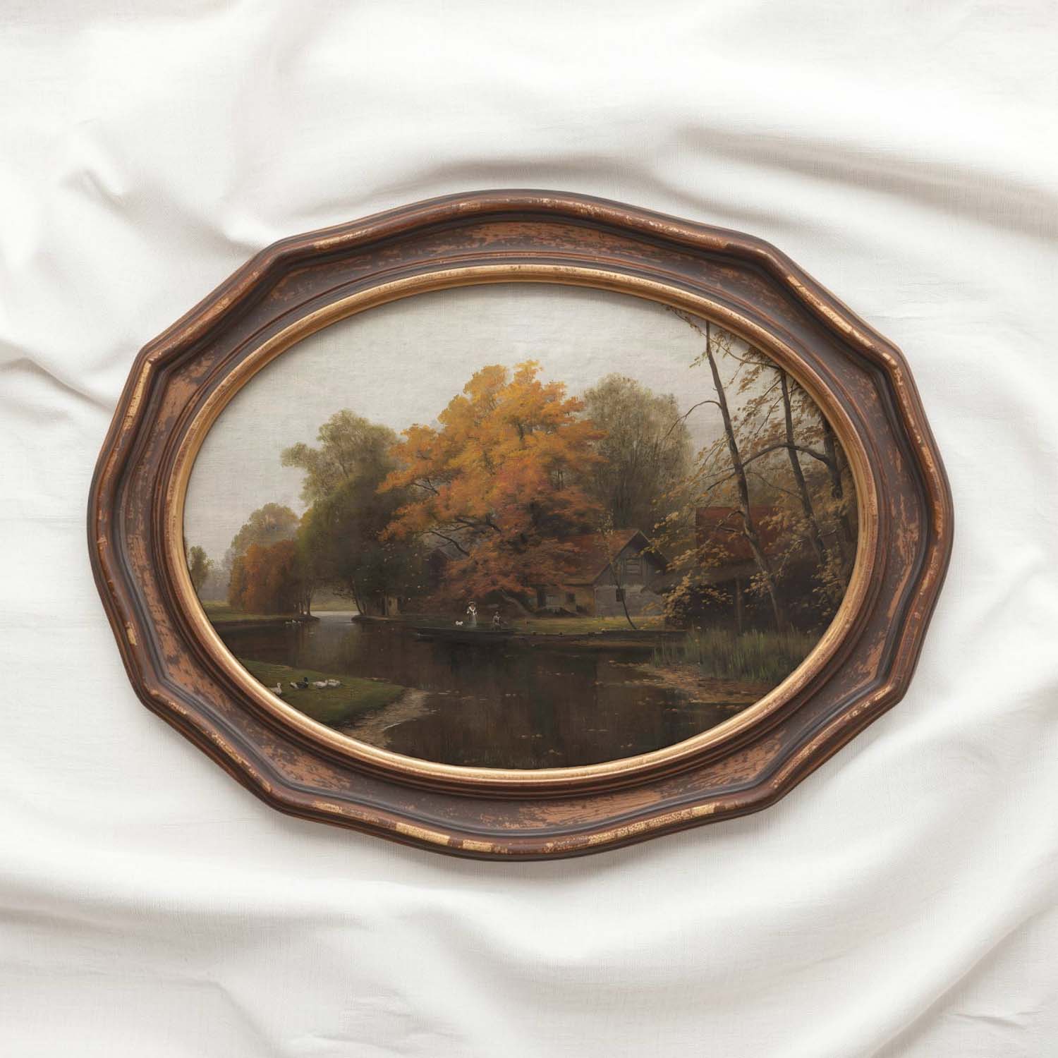 Cottagecore cabin decor printable fall wall art showing an oak tree forest and cabin scene.
