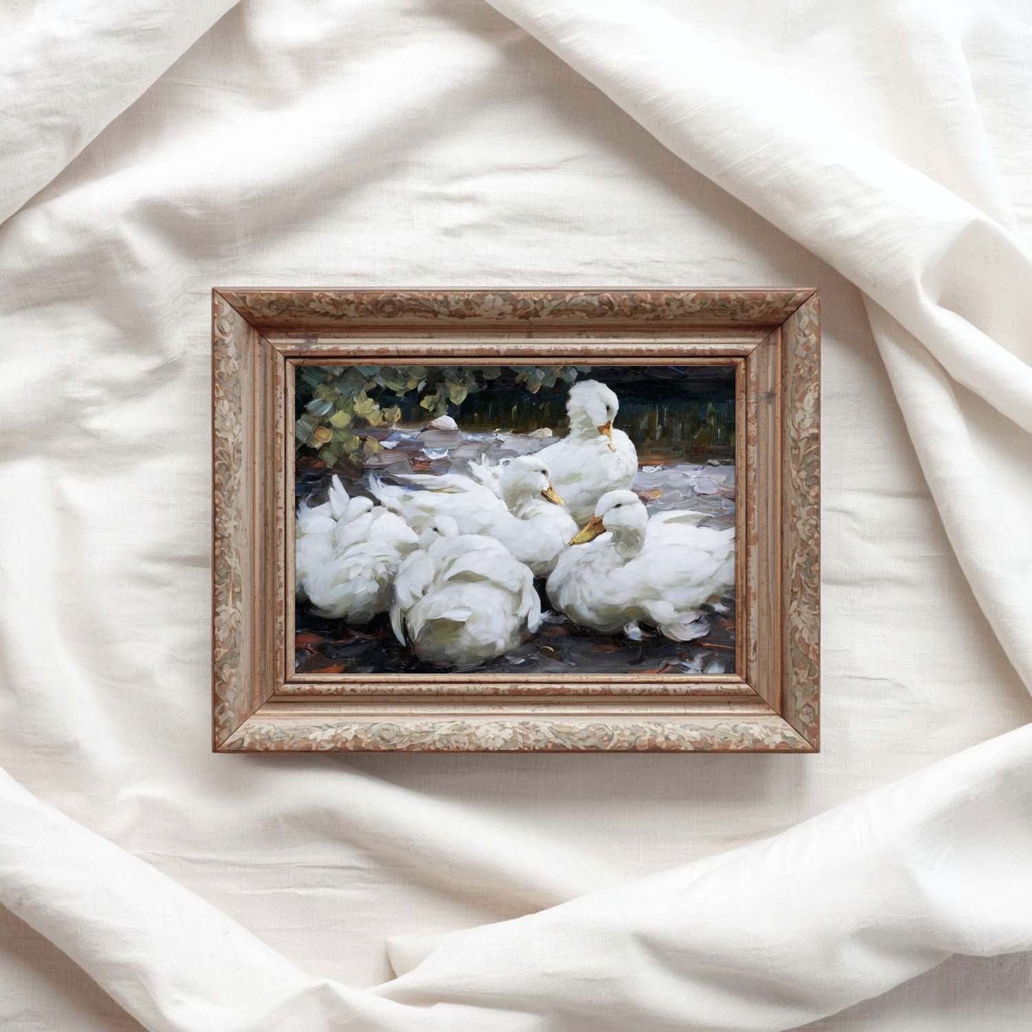 Five White Ducks Bird Print Digital Download (Antique Farmhouse Oil Painting Wall Art)