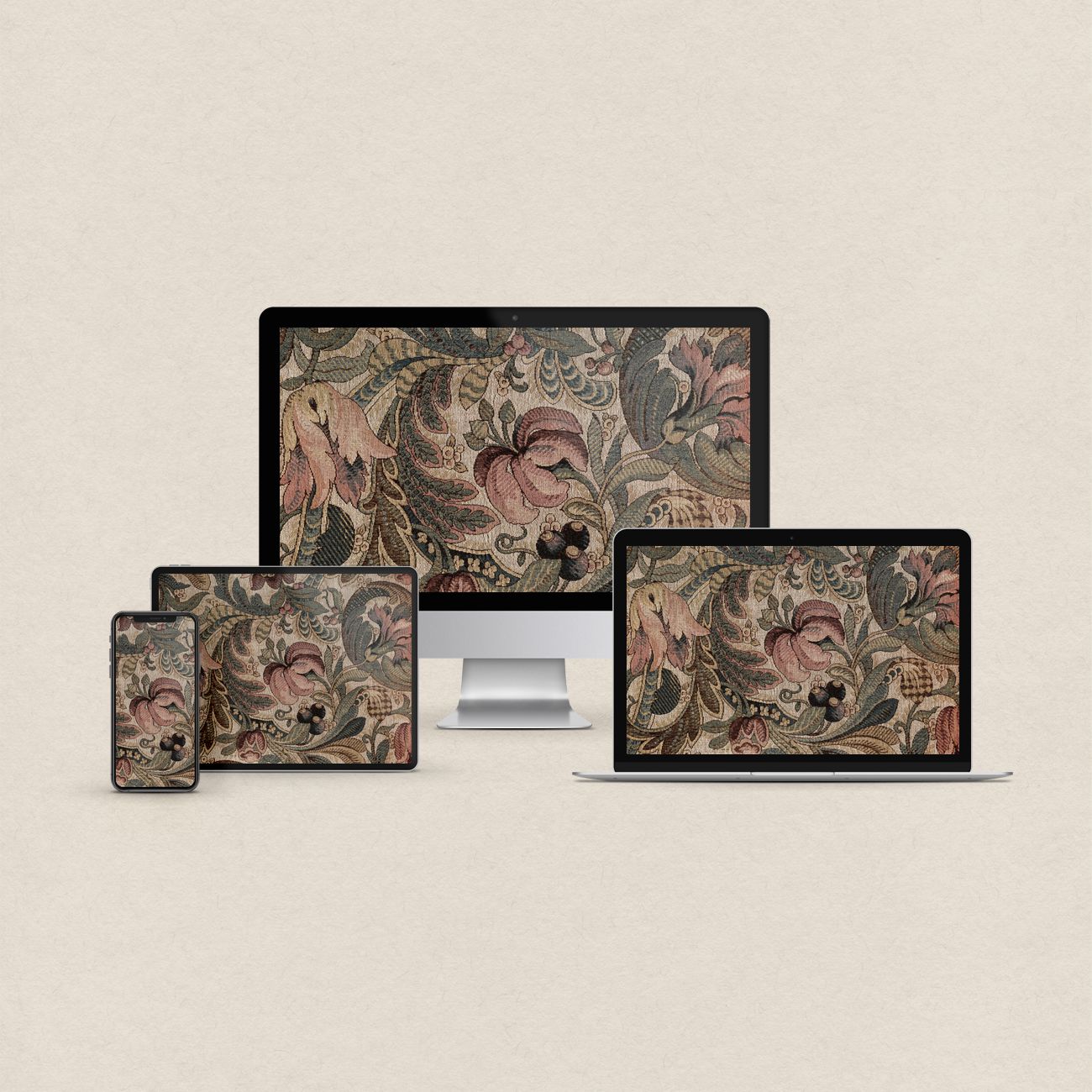 Cottagecore floral desktop wallpaper with moody vintage tiger lily pattern and matching phone, iPad and MacBook wallpapers