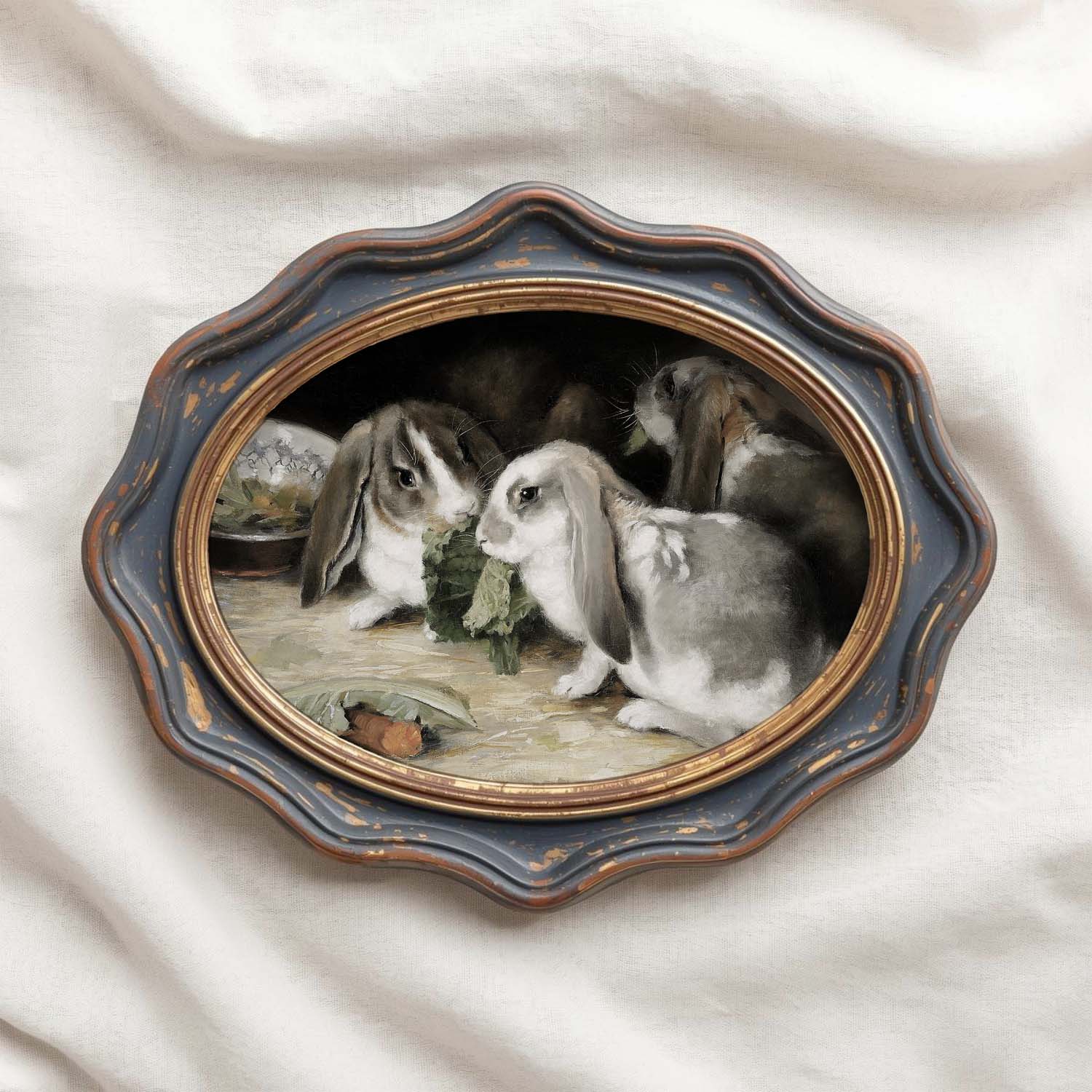 Farmhouse Kitchen Rabbit Wall Art Printable (Vintage Holland Lop Vegetable Still Life Decor)
