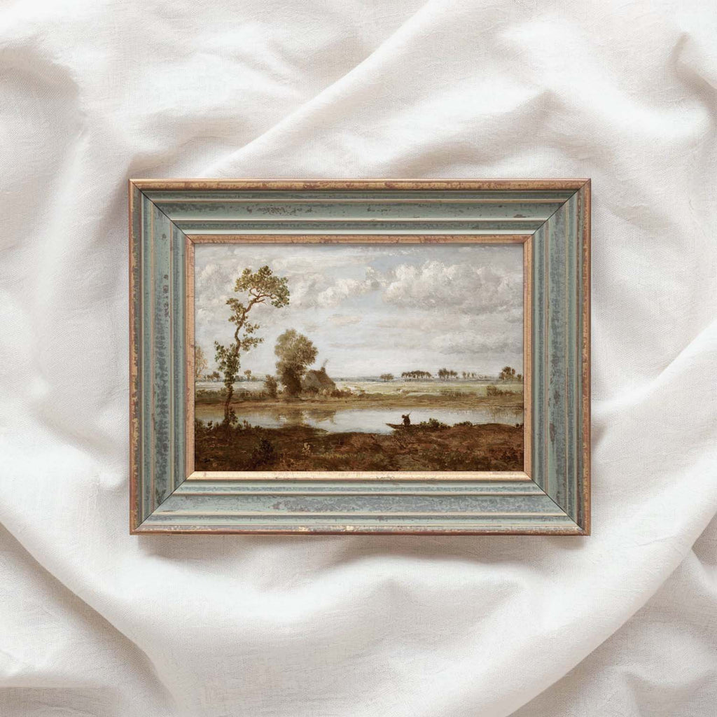 Cottagecore lake landscape printable wall art with muted sepia and rustic countryside style.