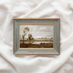 Cottagecore lake landscape printable wall art with muted sepia and rustic countryside style.