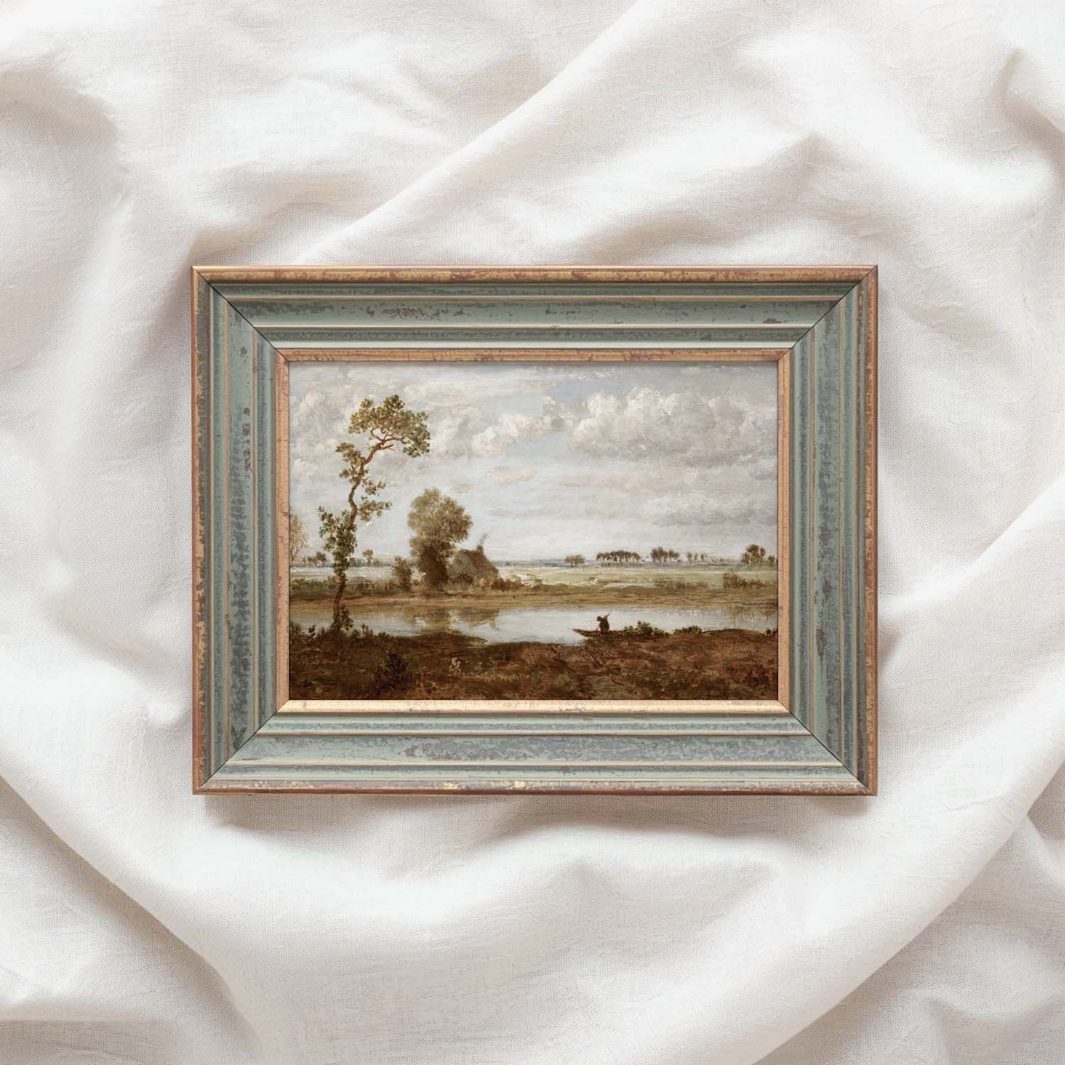 Cottagecore lake landscape printable wall art with muted sepia and rustic countryside style.