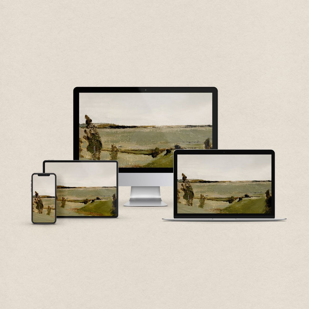 Country desktop wallpaper featuring a rustic muted green countryside landscape with matching phone, iPad and MacBook wallpapers