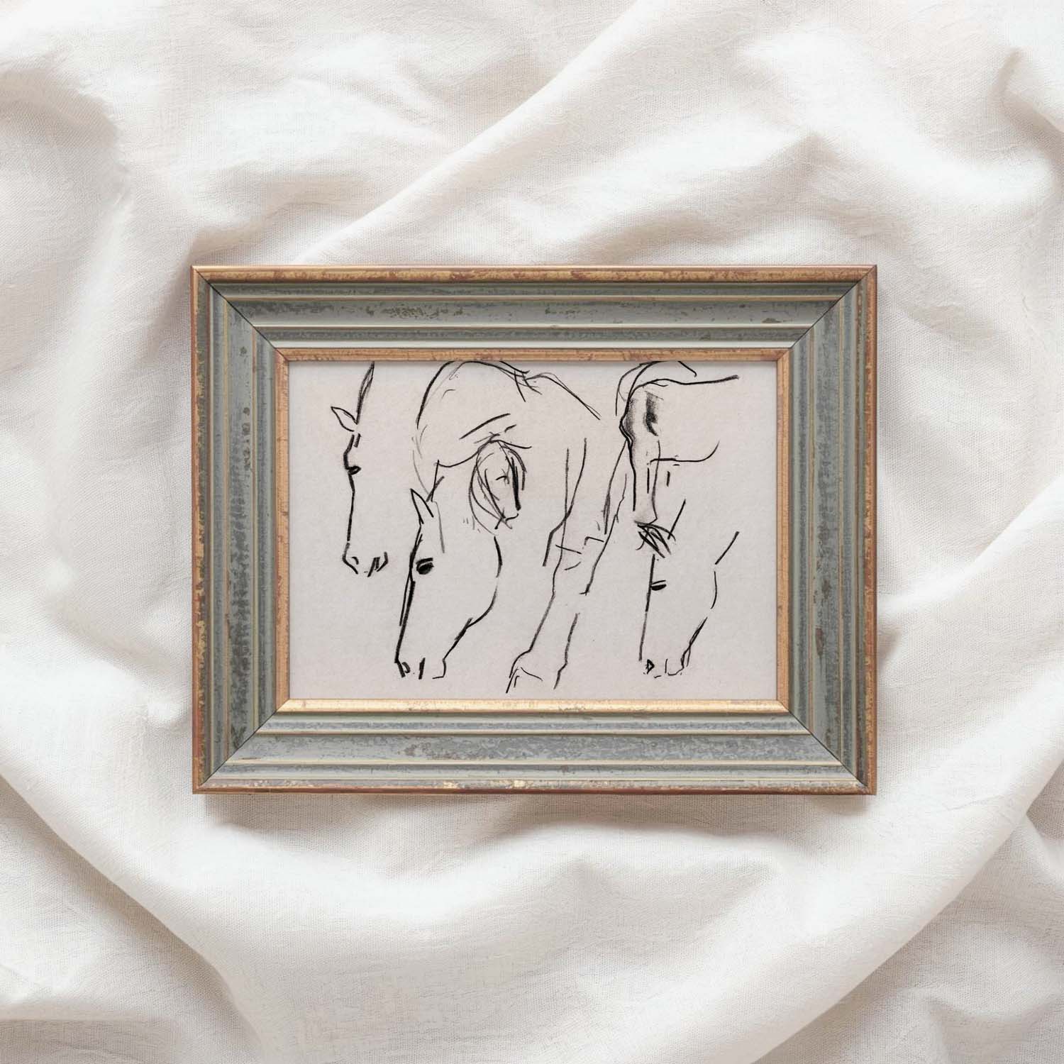 Minimal Horses Wall Art Printable | Charcoal Grazing Horse Sketch Print