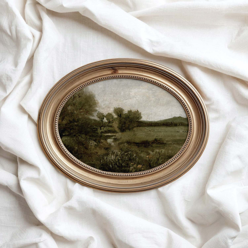 Green landscape print styled as timeless wall art for a collected country home interior