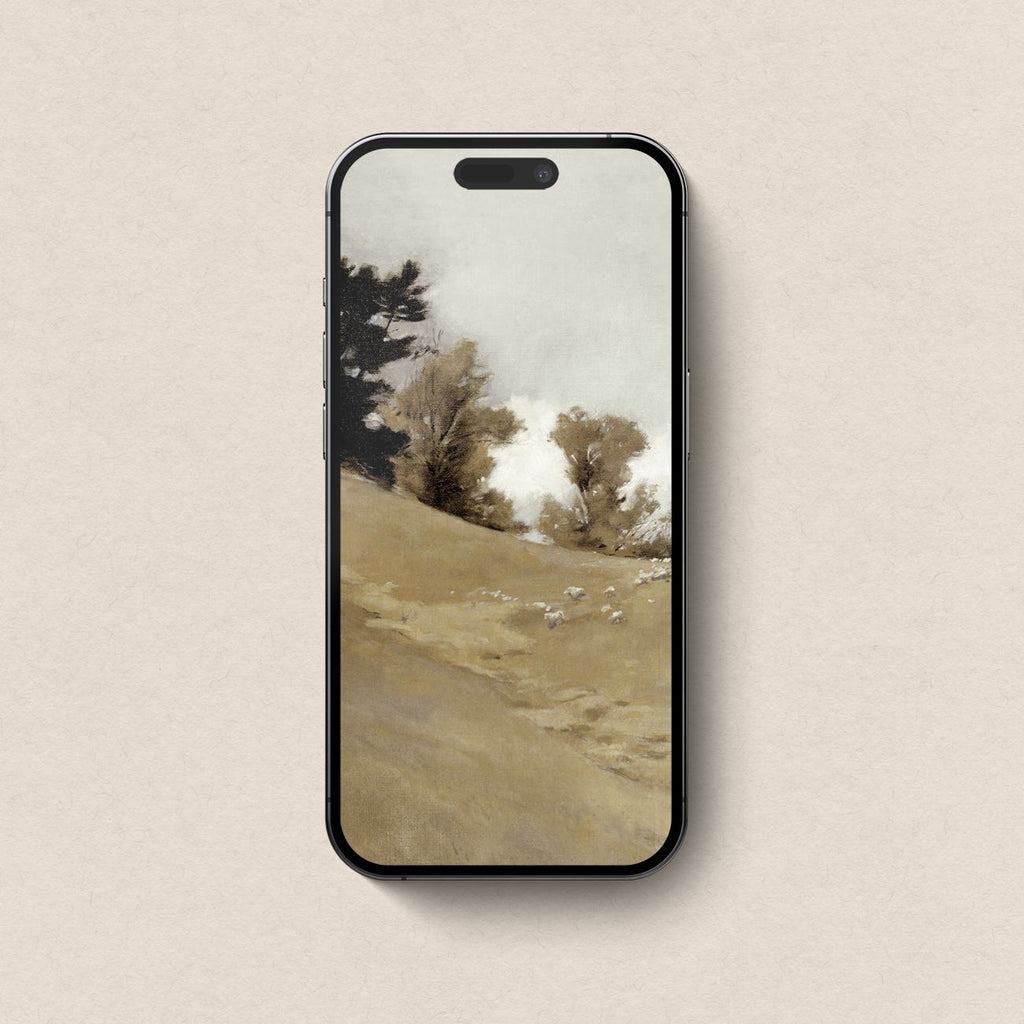 Country landscape aesthetic iPhone wallpaper featuring muted trees and warm earthy neutral tones
