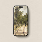 Country road iPhone wallpaper featuring a tree-lined French countryside path in fresh spring green tones