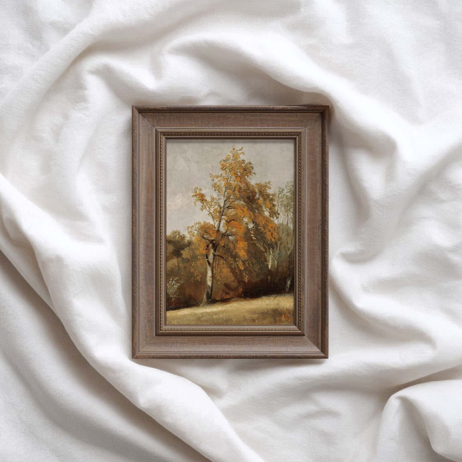 Country style oak tree print vintage wall art with a peaceful rustic landscape feel.